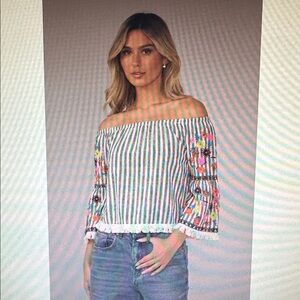 NEW Ali Miles Off Shoulder Ruffle Sleeve Top embroidered Boho Gorgeous Size L